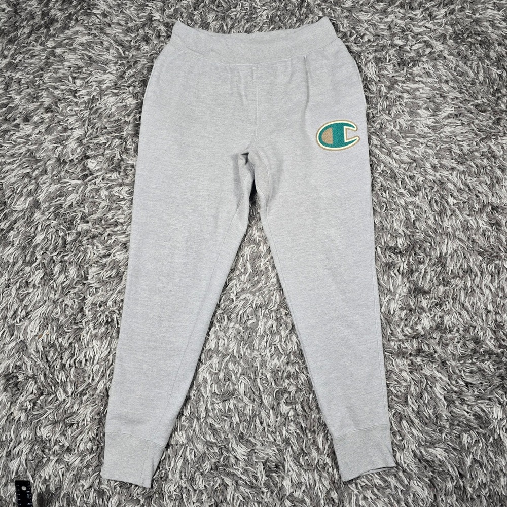 Champion Reverse Weave Gray Tapered Sweatpants Large Chenille Logo Patch Mens L - Picture 1 of 8